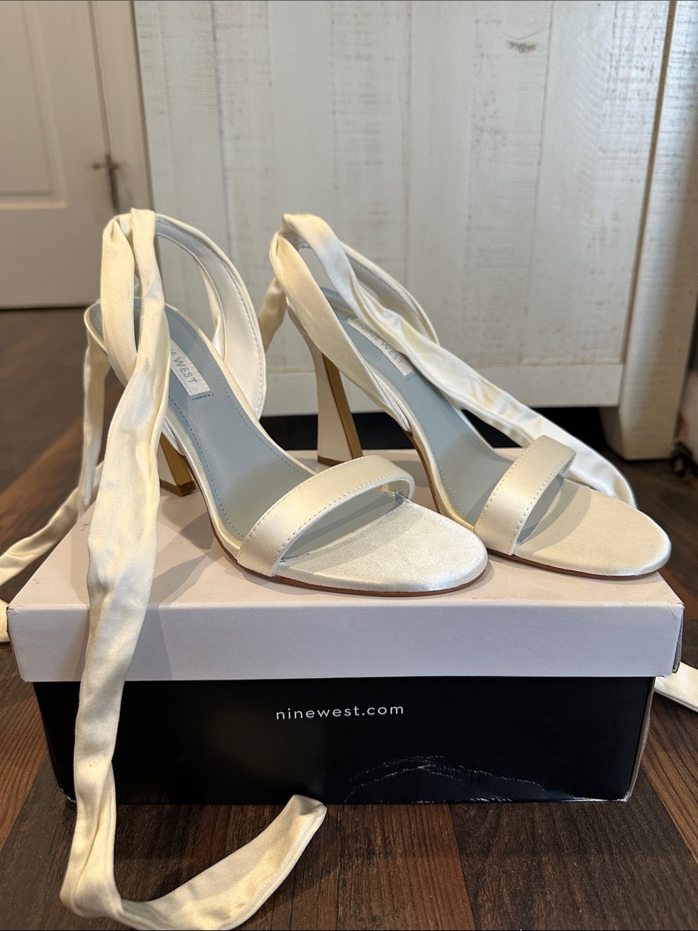 Nine West Ivory Satin Tie-Ankle Heeled Sandals